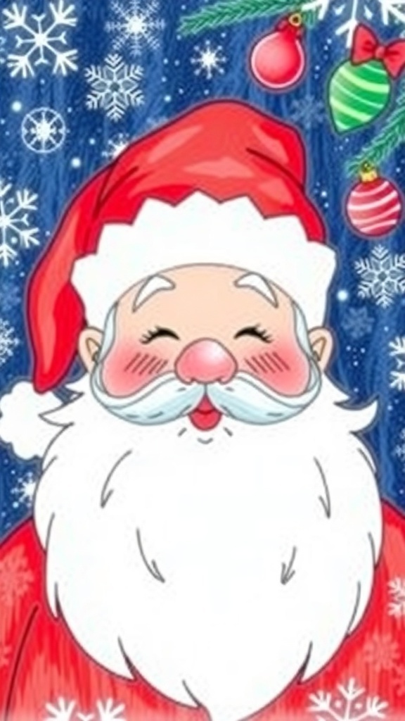 A simple and fun drawing of Santa Claus with a red hat and white beard, surrounded by Christmas decorations.